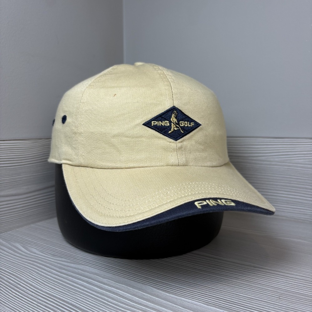 Vintage Y2K PING Golf Dad Hat Khaki Navy Blue Diamond Cap Strapback Adjustable